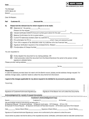 HDFC Customer Request Form PDF