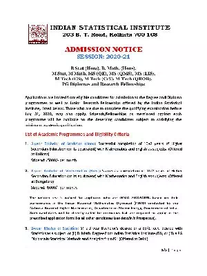 ISI Admission Notice Session 2020-21