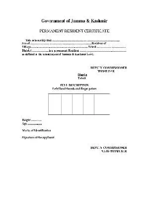 Jammu & Kashmir Permanent Residence Certificate Form