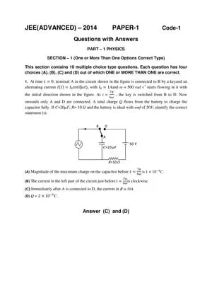 JEE (Advanced) Previous Exam Question Paper 1 with Answer (2014)