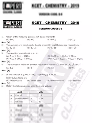 KCET 2019 Question Paper with Solutions – Chemistry