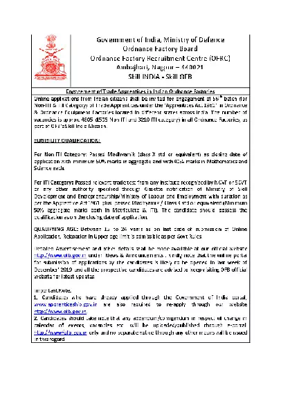 OFRC Recruitment 2019 Notification for  Apprentices