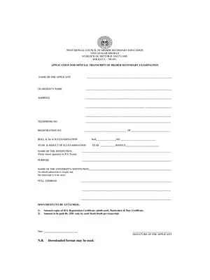 WBCHSE Application for Official Transcript of Higher Secondary Examination