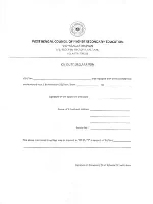 WBCHSE On Duty Declaration Form