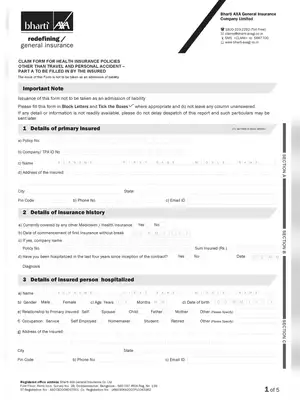 Bharti Axa Health Insurance Claim Form