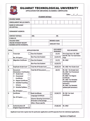 Gujarat Technological University (GTU) Transcript Form