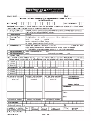 PNB Account Opening Form for Resident Individual