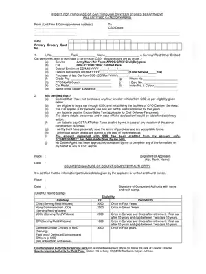 Application Form Car Purchase Through Canteen (CSD)