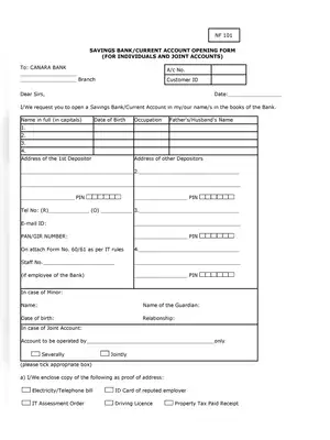 Canara Bank Saving Account Opening Form