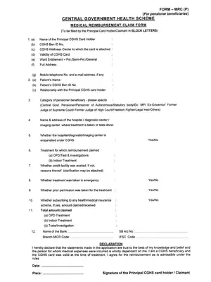 CGHS Medical Reimbursement Form For Pensioners