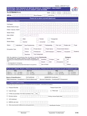 Citibank Loan Application Form