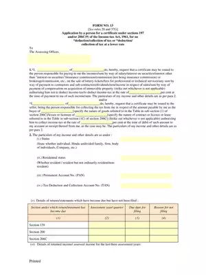 Form 13 – Non-Deduction / Lower Deduction of TDS