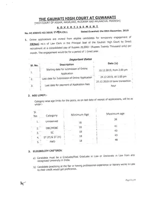 Gauhati Recruitment Notification 2019 Fro Clerk