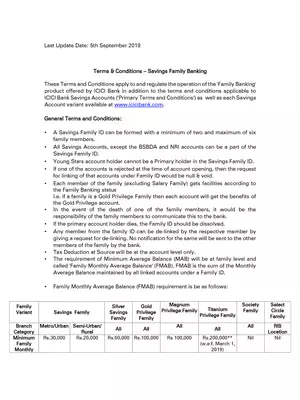 ICICI Bank Family Monthly Average Balance FMAB Charges