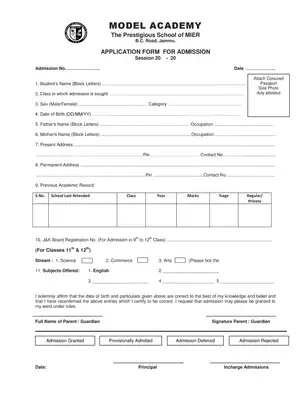 Model Academy School Admission Form