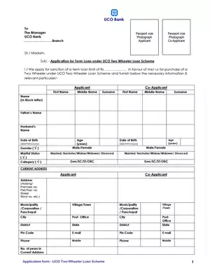 UCO Bank Two Wheeler Loan Application Form 2025