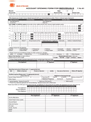 Bank of Baroda Account Opening Form