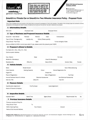 Bharti AXA Car Insurance Proposal Form