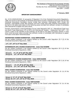 CA Examination Date Sheet for May 2020