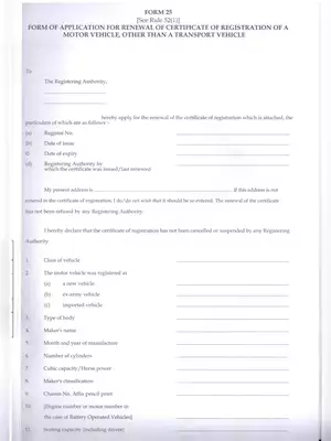 Form 25 for Renewal of Vehicle Registration