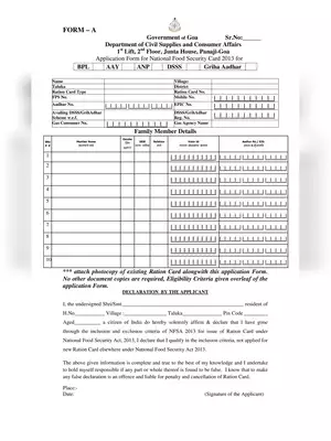 Goa Ration Card Application Form