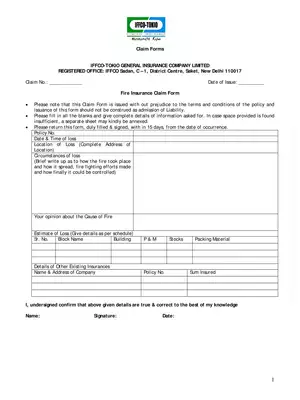 IFFCO-Tokio Fire Insurance Claim Form