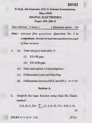 MDU B.Tech Digital Electronics Question Paper 2018