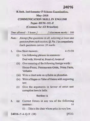 MDU B.Tech English Communication Question Paper 2018