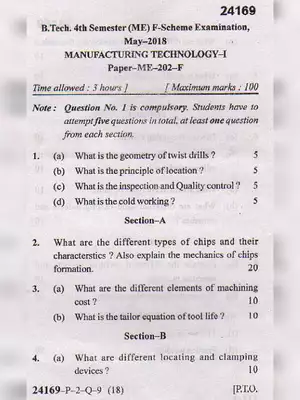 MDU B.Tech Manufacturing Technology Question Paper 2018