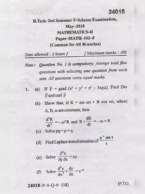 MDU B.Tech Mathematics Question Paper 2018