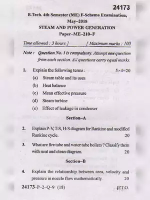 MDU B.Tech Steam & Power Generation Question Paper 2018