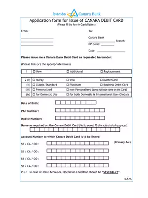 Syndicate Bank ATM Card Form