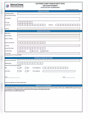 Universal Sompo NEFT/RTGS Form