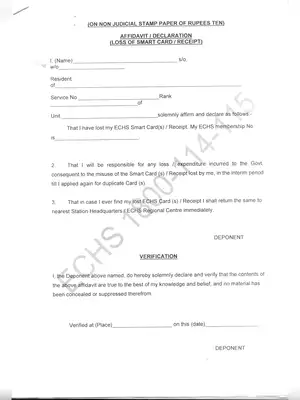 Affidavit For Loss of Smart Card / Loss Receipt of ECHS Application Form