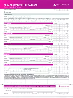 Axis Mutual Fund Application Form For Updation of Aadhaar