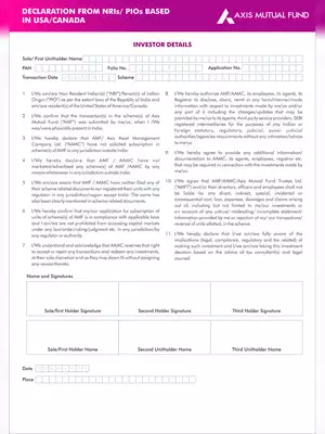 Axis Mutual Fund Declaration from NRI’s / PIOs Based in USA / Canada