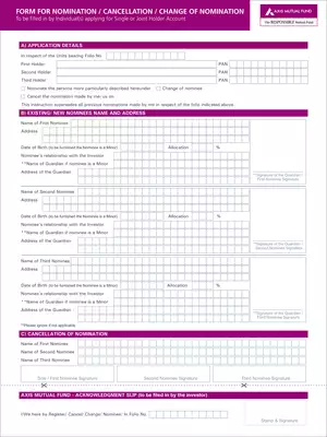 Axis mutual Fund Form For Nomination / Cancellation / Change of Nomination