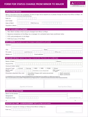 Axis Mutual Fund Form for Status Change From Minor to Major