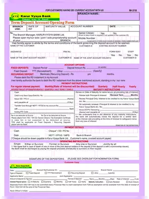 Karur Vysya Bank Term Deposit Account Opening Form