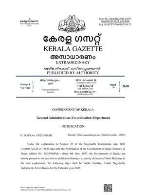 Kerala Government Holidays List 2020