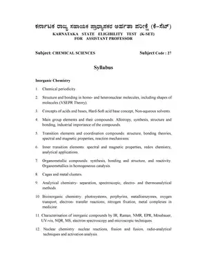 KSET Assistant Professor Exam Chemical Science Syllabus 2020