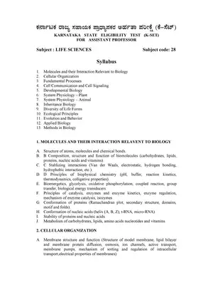 KSET Assistant Professor Exam Life Science Syllabus 2020