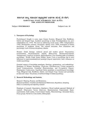 KSET Psychology Syllabus 2020 For Assistant Professor Exam