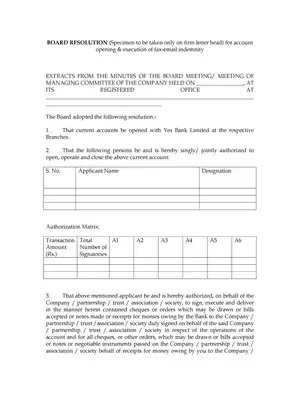 YES Bank Companies BR Format for A/C opening