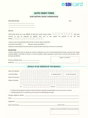 SBI Auto Debit Form For Credit Card Holder