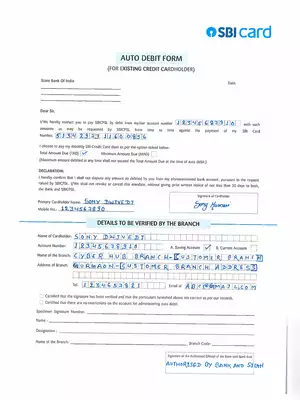 SBI Sample Auto Debit Form For Credit Card Holder