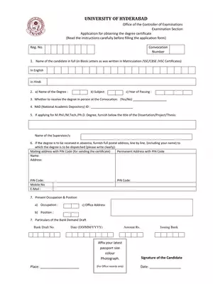 University of Hyderabad Application for Obtaining Degree Certificate