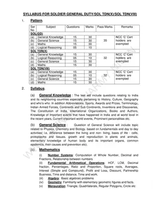 Indian Army General Duty/SOL TND(X) Solider Syllabus