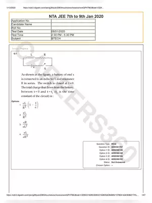 JEE Main 8th Jan 2020 Question Paper 1 Afternoon Session