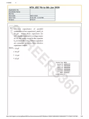 JEE Main 8th Jan 2020 Question Paper 1  Morning Session